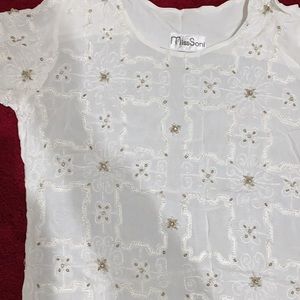 White chiffon embroidered long shirt with half sleeves